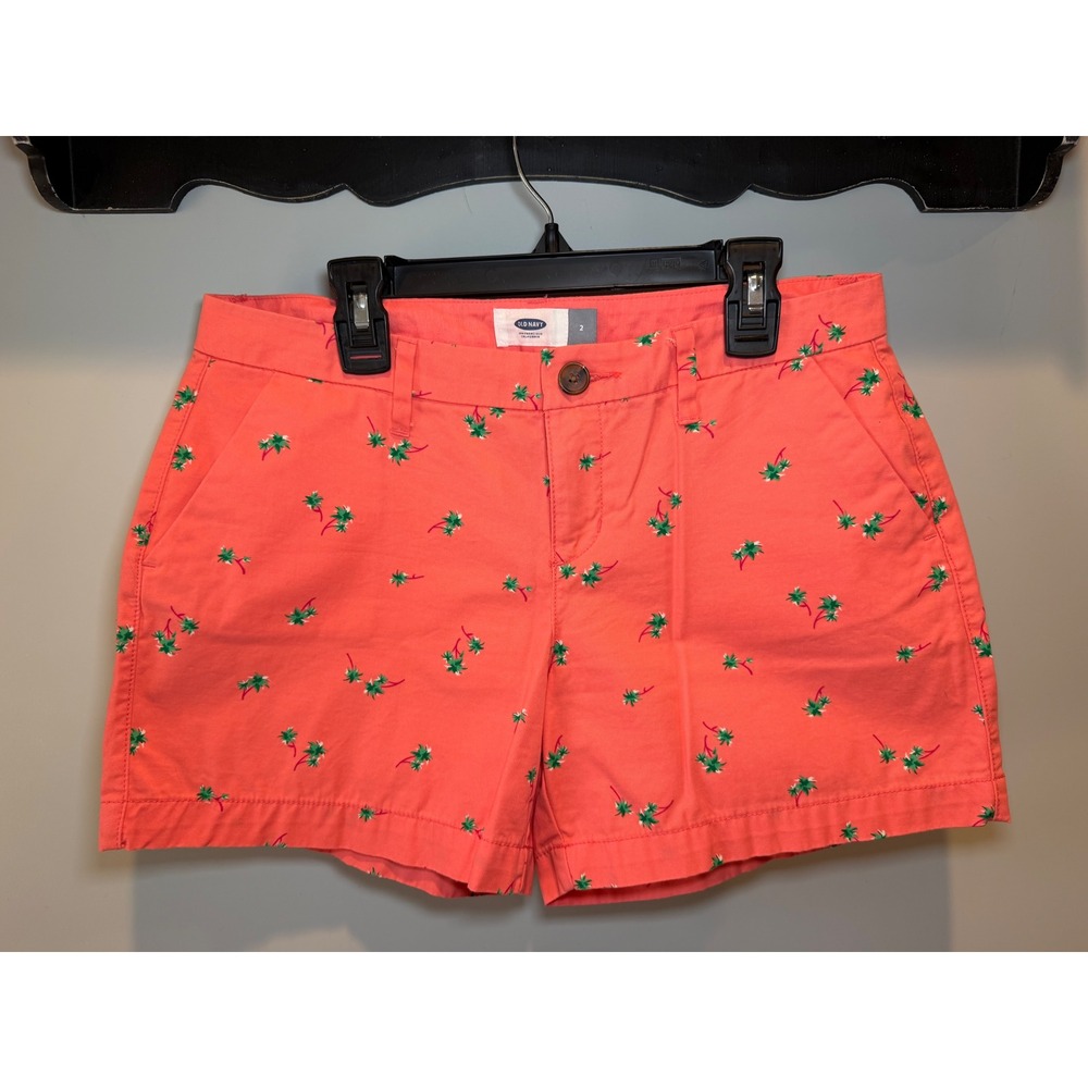 Old Navy Womens Coral Pink Palm Tree Embroidered Cotton Chino Shorts Size 2